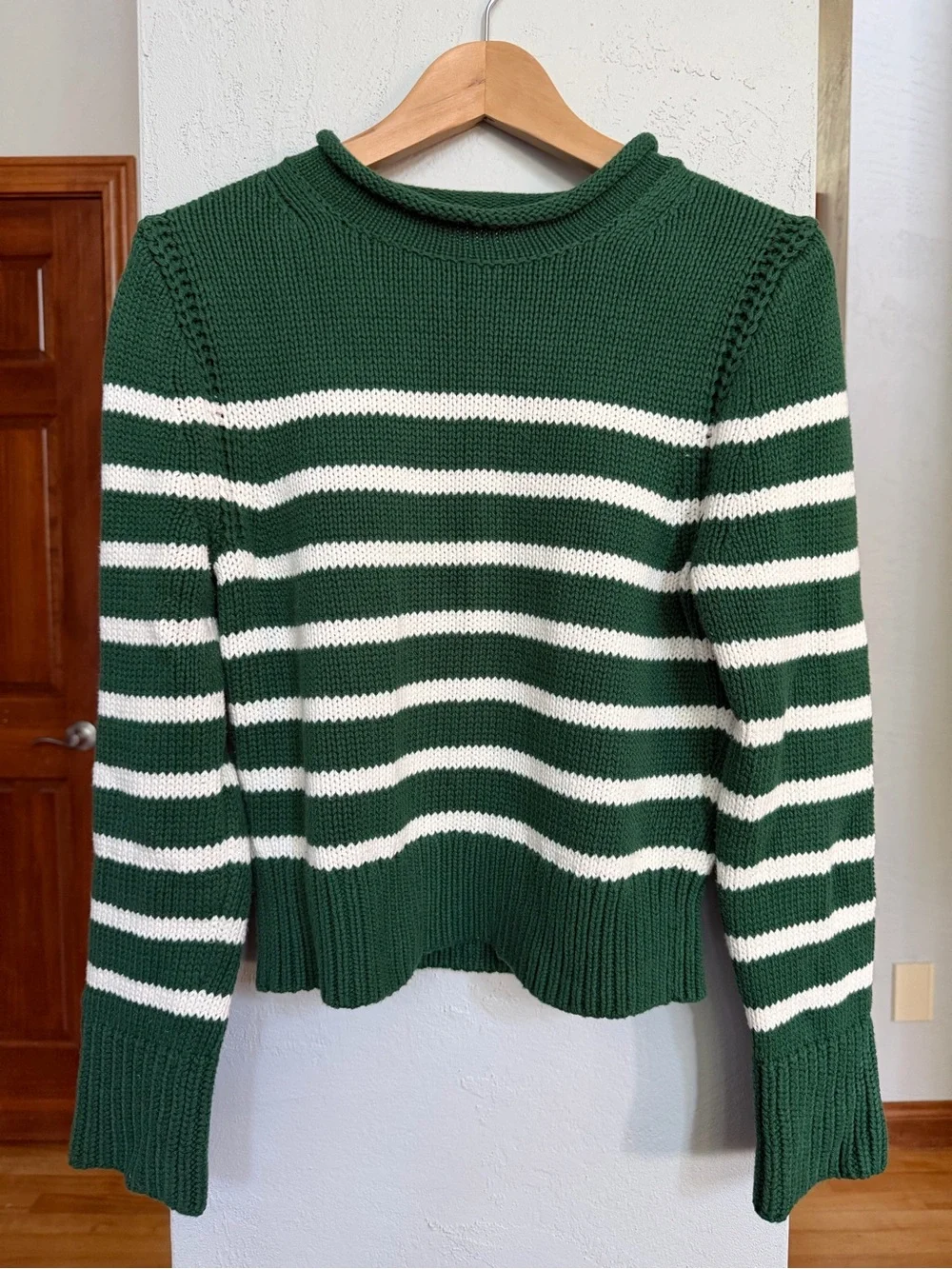 J Crew Heritage Cotton Roll-Neck Green White Striped Sweater - Picture 2 of 6